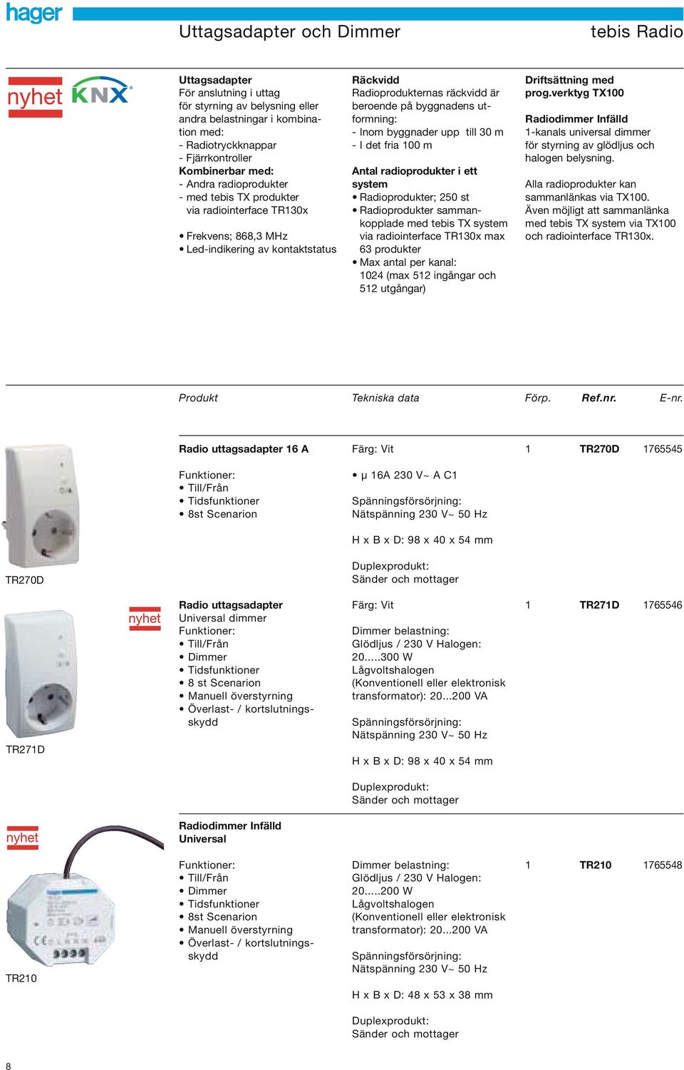 - Inom byggnader upp till 30 m - I det fria 00 m Antal radioprodukter i ett system Radioprodukter; 250 st Radioprodukter sammankopplade med tebis TX system via radiointerface TR30x max 63 produkter