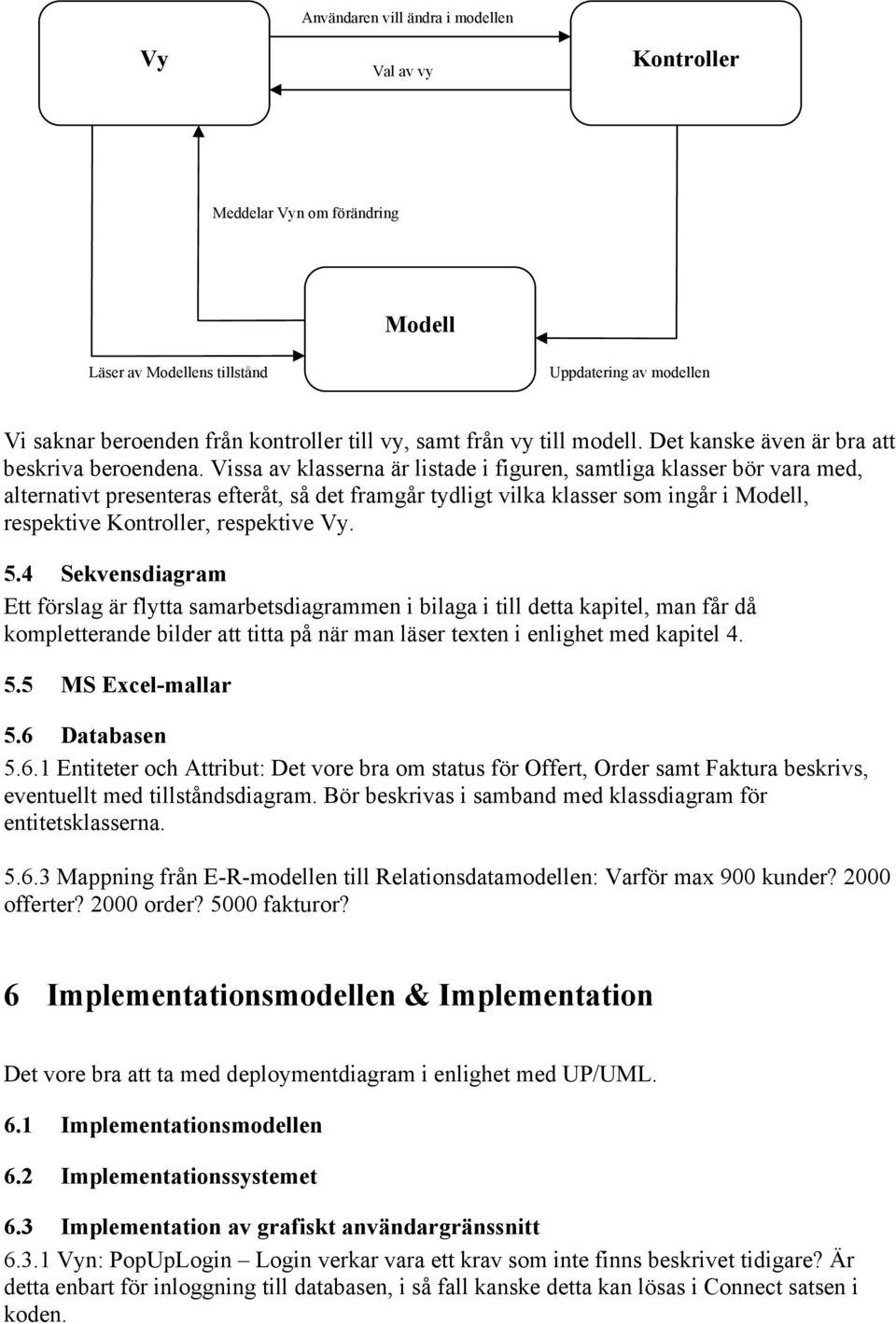 Vissa av klasserna är listade i figuren, samtliga klasser bör vara med, alternativt presenteras efteråt, så det framgår tydligt vilka klasser som ingår i Modell, respektive Kontroller, respektive Vy.