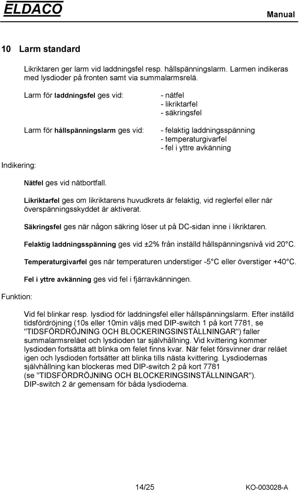 Funktion: Nätfel ges vid nätbortfall. Likriktarfel ges om likriktarens huvudkrets är felaktig, vid reglerfel eller när överspänningsskyddet är aktiverat.