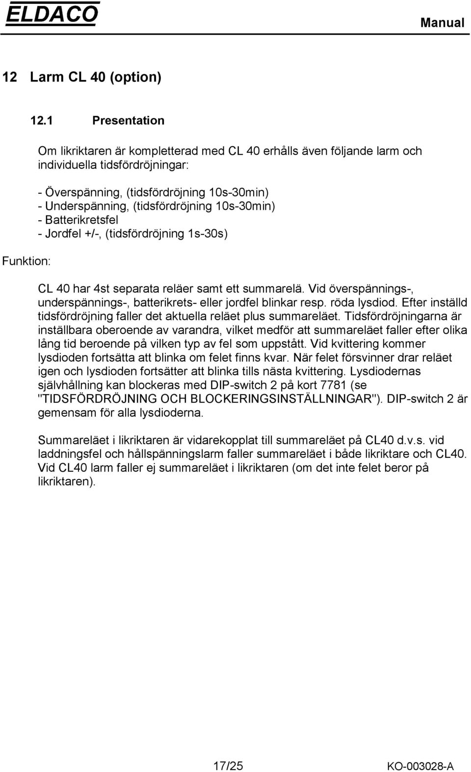 10s-30min) - Batterikretsfel - Jordfel +/-, (tidsfördröjning 1s-30s) CL 40 har 4st separata reläer samt ett summarelä. Vid överspännings-, underspännings-, batterikrets- eller jordfel blinkar resp.