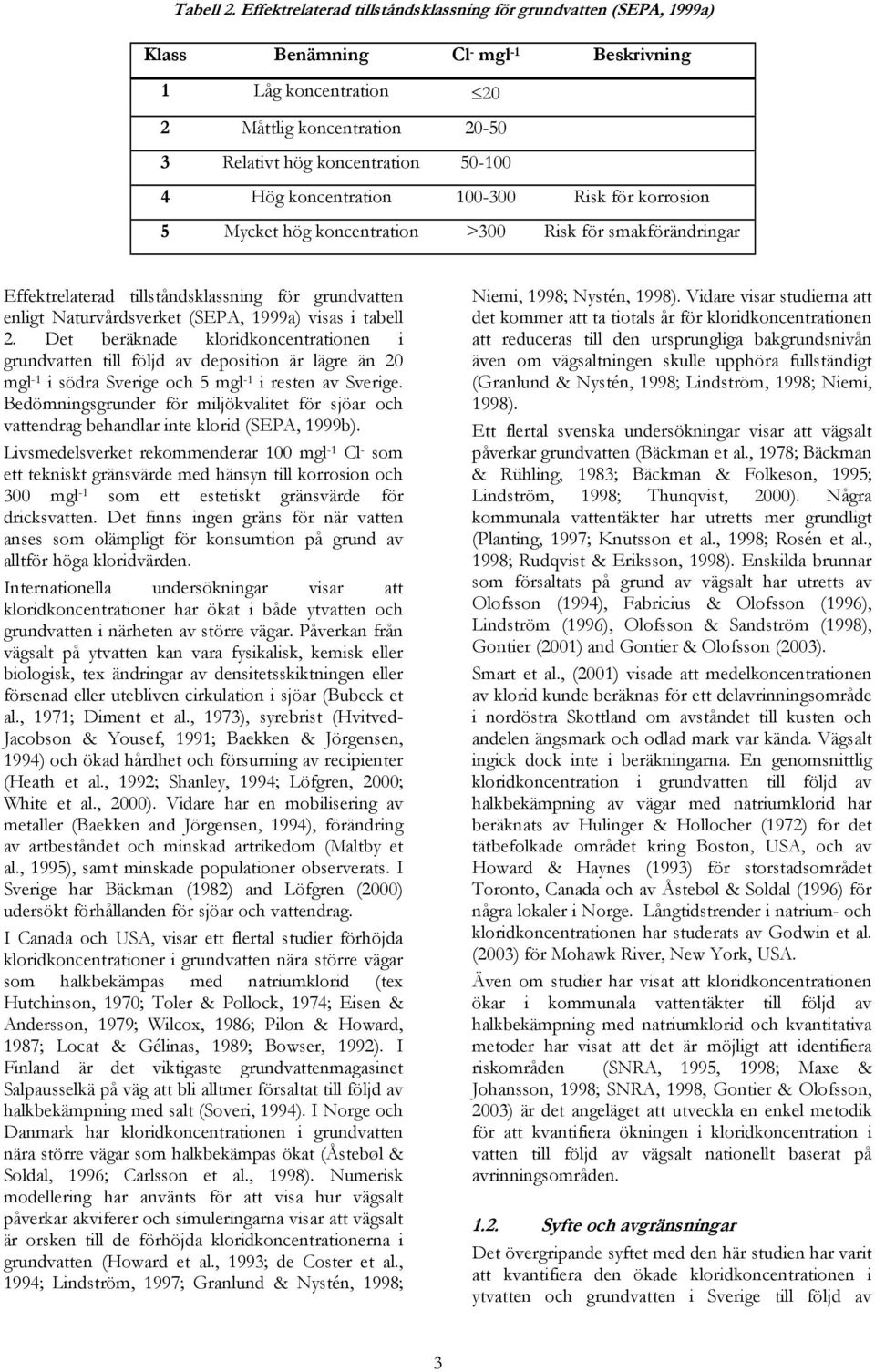 Hög koncentration 100-300 Risk för korrosion 5 Mycket hög koncentration >300 Risk för smakförändringar Effektrelaterad tillståndsklassning för grundvatten enligt Naturvårdsverket (SEPA, 1999a) visas