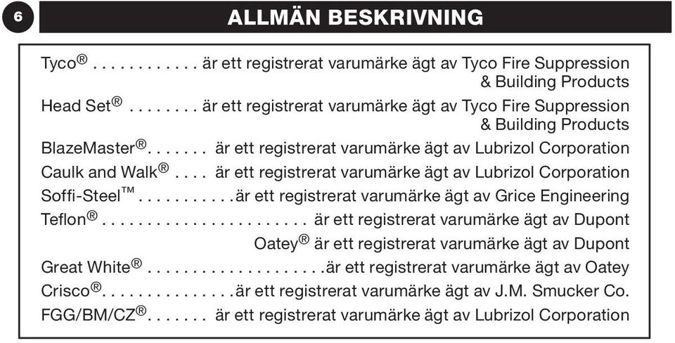 ... är ett registrerat varumärke ägt av Lubrizol Corporation Soffi-Steel...är ett registrerat varumärke ägt av Grice Engineering Teflon.