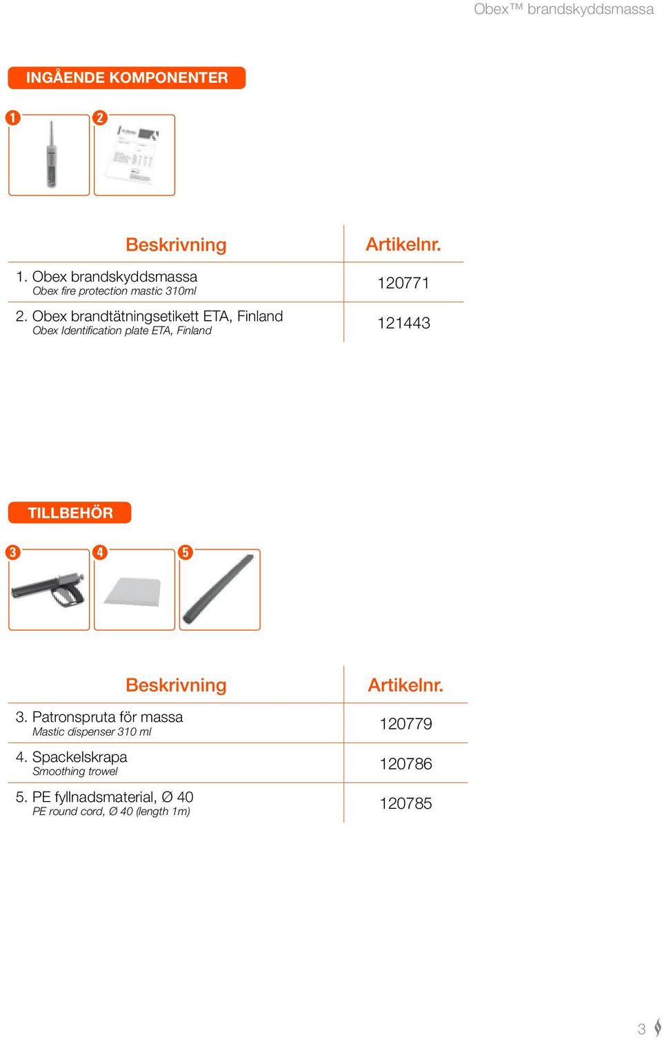 Beskrivning Artikelnr. 3. Patronspruta för massa Mastic dispenser 310 ml 120779 4.