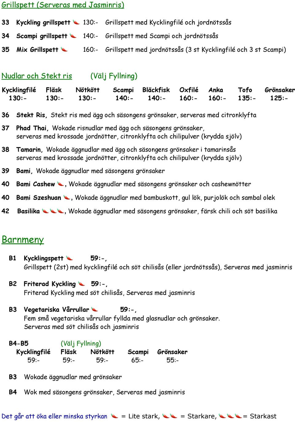 140:- 160:- 160:- 135:- 125:- 36 Stekt Ris, Stekt ris med ägg och säsongens grönsaker, serveras med citronklyfta 37 Phad Thai, Wokade risnudlar med ägg och säsongens grönsaker, serveras med krossade