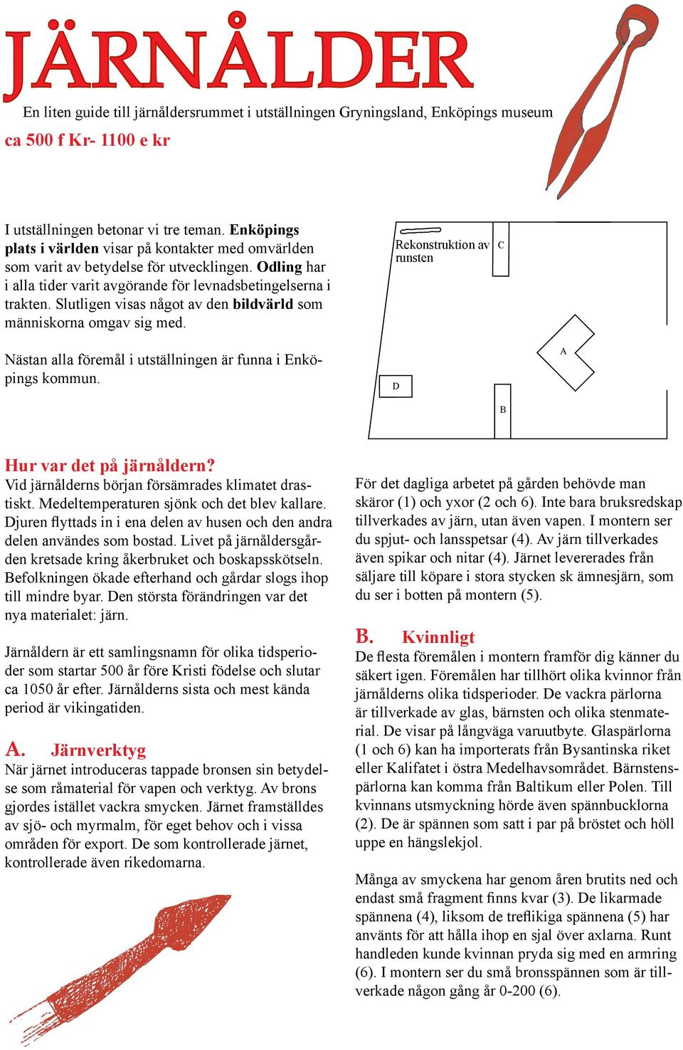 Slutligen visas något av den bildvärld som människorna omgav sig med. Rekonstruktion av runsten C Nästan alla föremål i utställningen är funna i Enköpings kommun. D A B Hur var det på järnåldern?