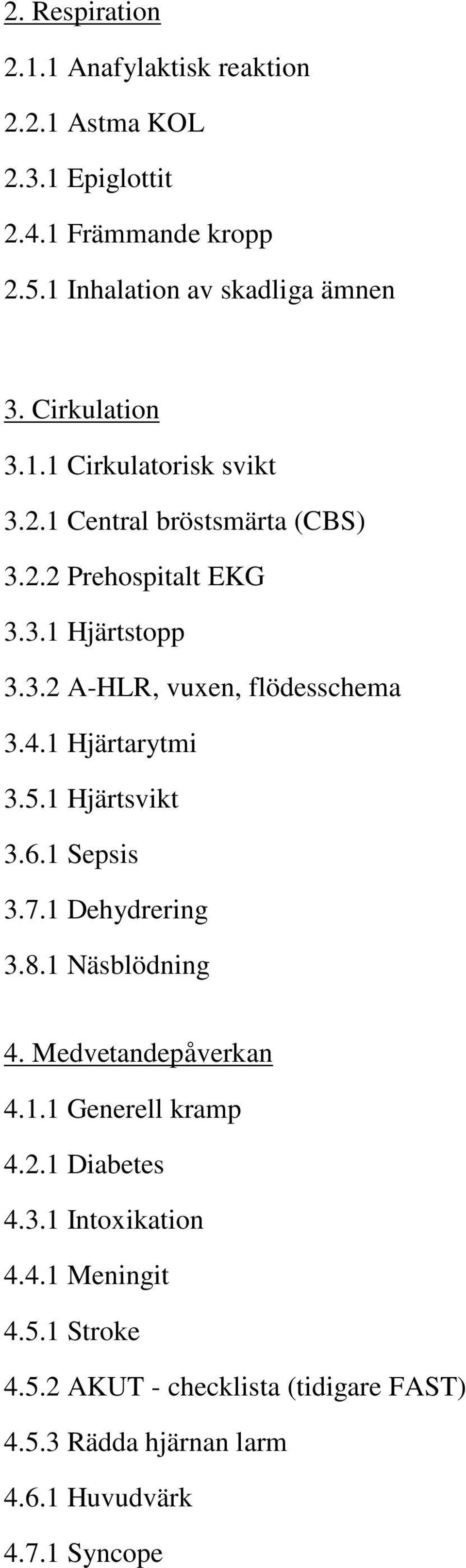 4.1 Hjärtarytmi 3.5.1 Hjärtsvikt 3.6.1 Sepsis 3.7.1 Dehydrering 3.8.1 Näsblödning 4. Medvetandepåverkan 4.1.1 Generell kramp 4.2.