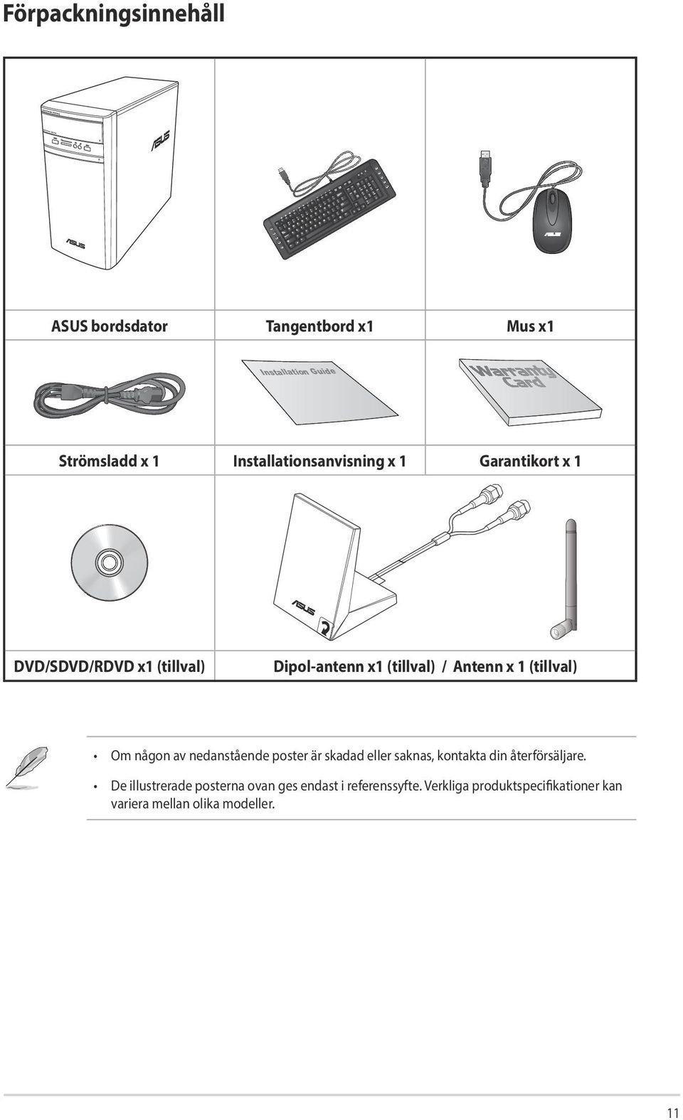 x 1 (tillval) Om någon av nedanstående poster är skadad eller saknas, kontakta din återförsäljare.