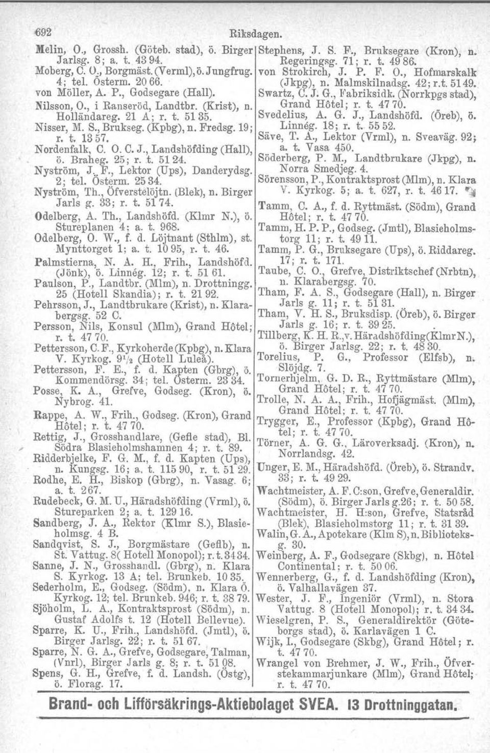 (Krist), n. GI:and Hötel ; r. t. 4770'00 _.. Holländareg. 21 A; r. t. 5135. Svedelius, A. G. J., Landshofd. (Oreb), o. Nisser, M. S., Brukseg. (Kpbg), n. Fredsg. 19; Linneg. 18; r. t. 5552. r. t. 1357.