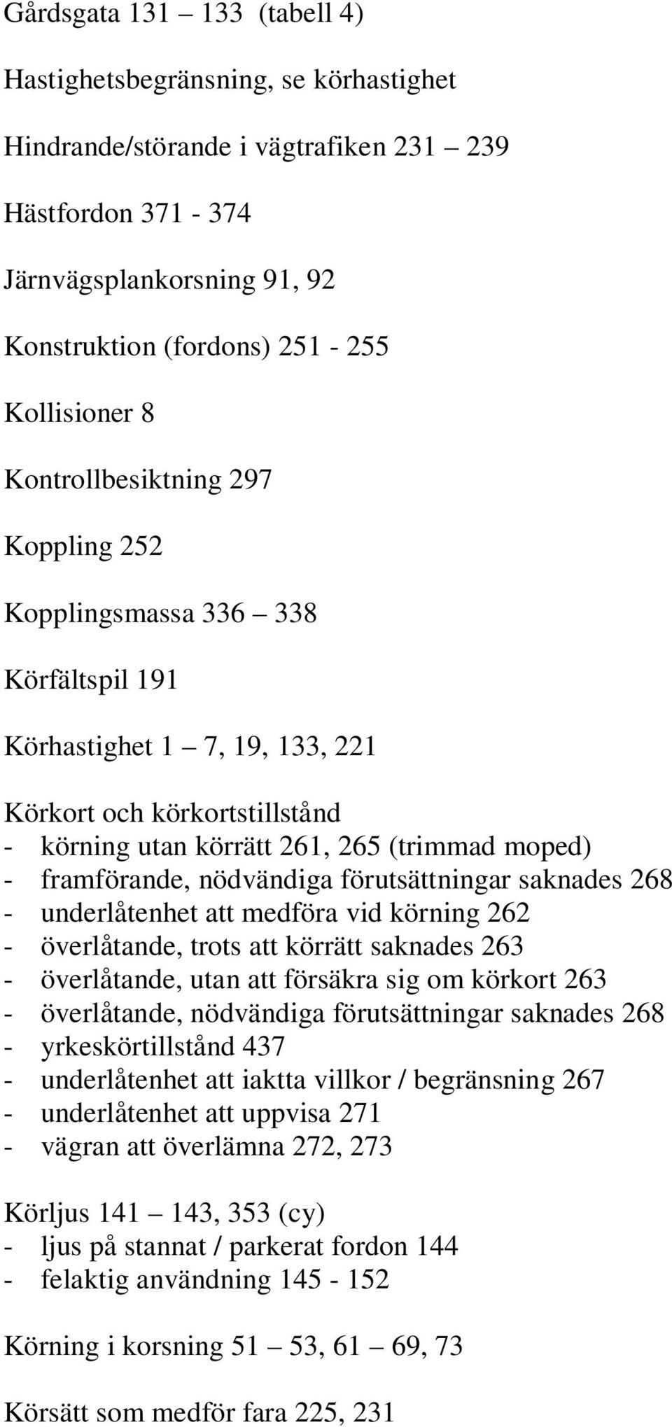 framförande, nödvändiga förutsättningar saknades 268 - underlåtenhet att medföra vid körning 262 - överlåtande, trots att körrätt saknades 263 - överlåtande, utan att försäkra sig om körkort 263 -