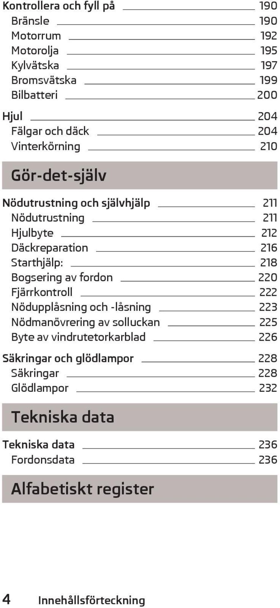 Bogsering av fordon 220 Fjärrkontroll 222 Nödupplåsning och -låsning 223 Nödmanövrering av solluckan 225 Byte av vindrutetorkarblad 226