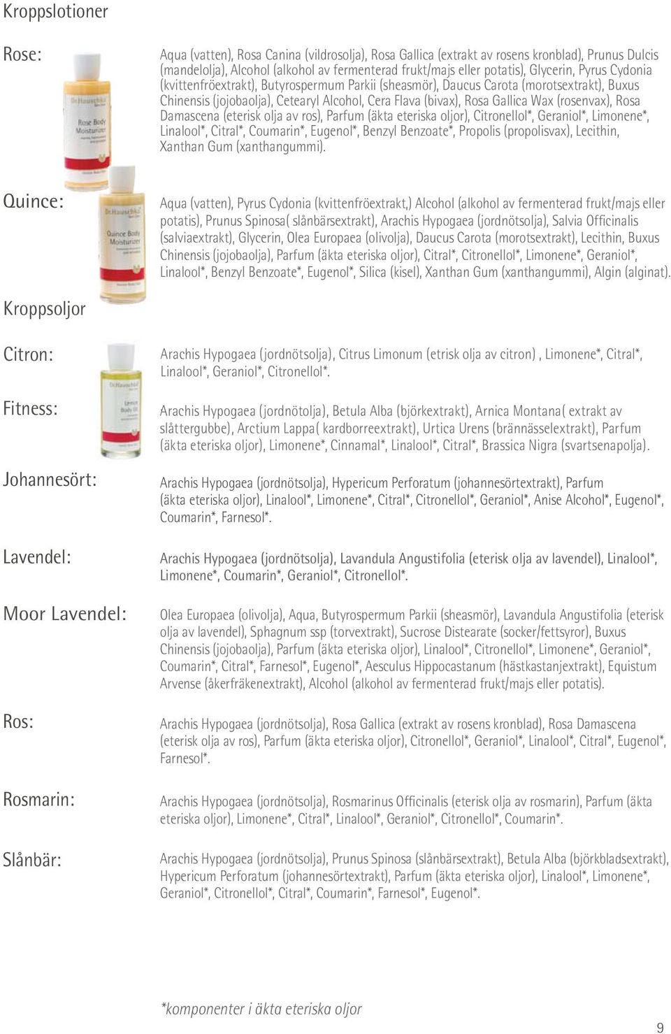 (rosenvax), Rosa Damascena (eterisk olja av ros), Parfum (äkta eteriska oljor), Citronellol*, Geraniol*, Limonene*, Linalool*, Citral*, Coumarin*, Eugenol*, Benzyl Benzoate*, Propolis (propolisvax),