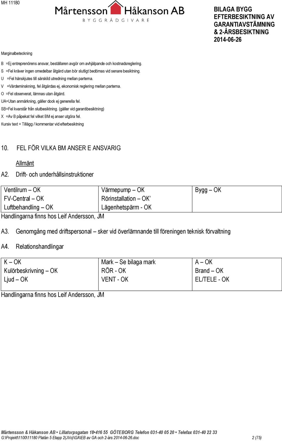 UA=Utan anmärkning, gäller dock ej generella fel. SB =Fel kvarstår från slutbesiktning. (gäller vid garantibesiktning) X =Av B påpekat fel vilket BM ej anser utgöra fel.