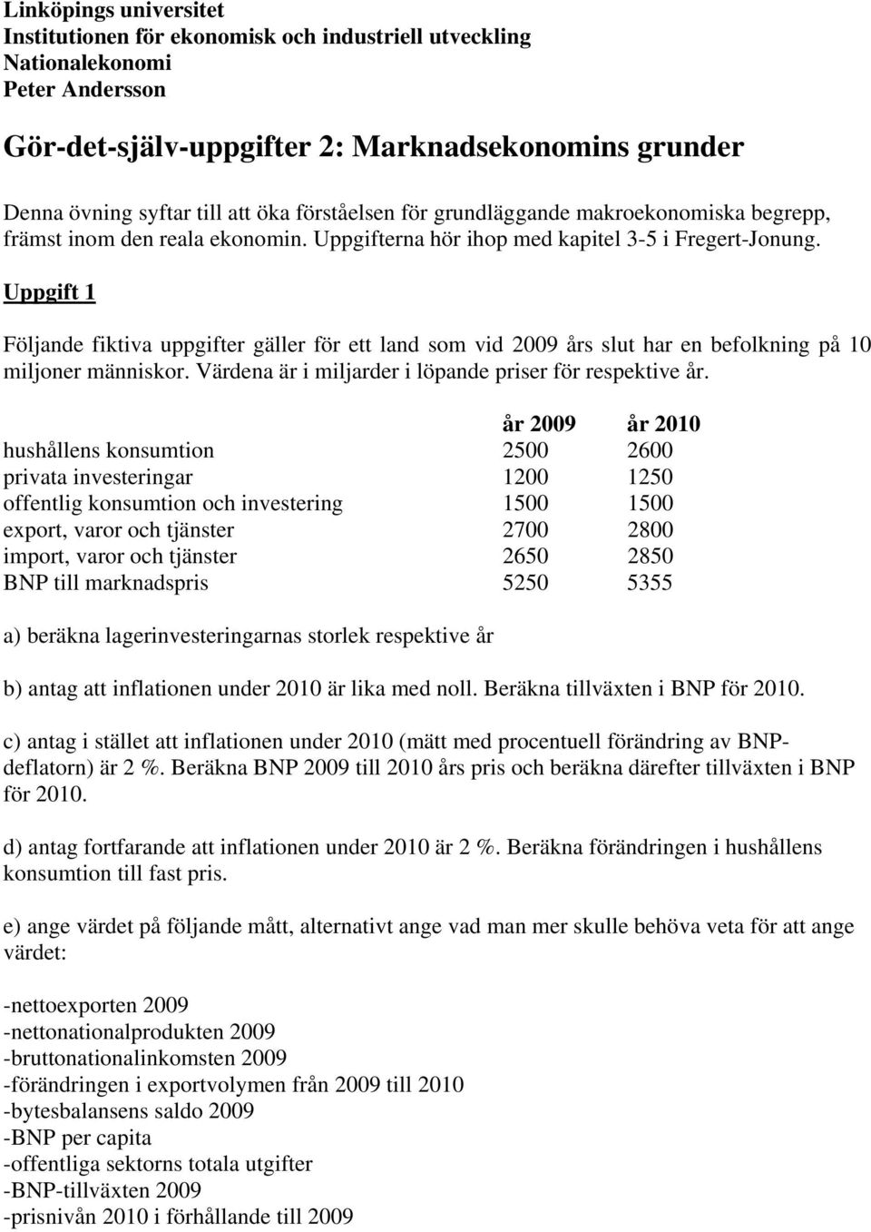 Uppgift 1 Följande fiktiva uppgifter gäller för ett land som vid 2009 års slut har en befolkning på 10 miljoner människor. Värdena är i miljarder i löpande priser för respektive år.