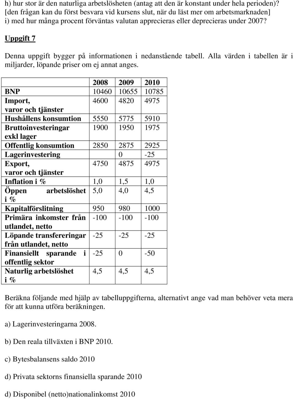 Uppgift 7 Denna uppgift bygger på informationen i nedanstående tabell. Alla värden i tabellen är i miljarder, löpande priser om ej annat anges.