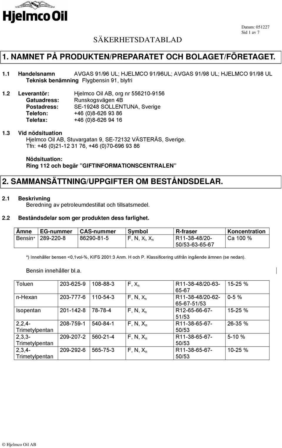 3 Vid nödsituation Hjelmco Oil AB, Stuvargatan 9, SE-72132 VÄSTERÅS, Sverige. Tfn: +46 (0)21-12 31 76, +46 (0)70-696 93 86 Nödsituation: Ring 112 och begär GIFTINFORMATIONSCENTRALEN 2.