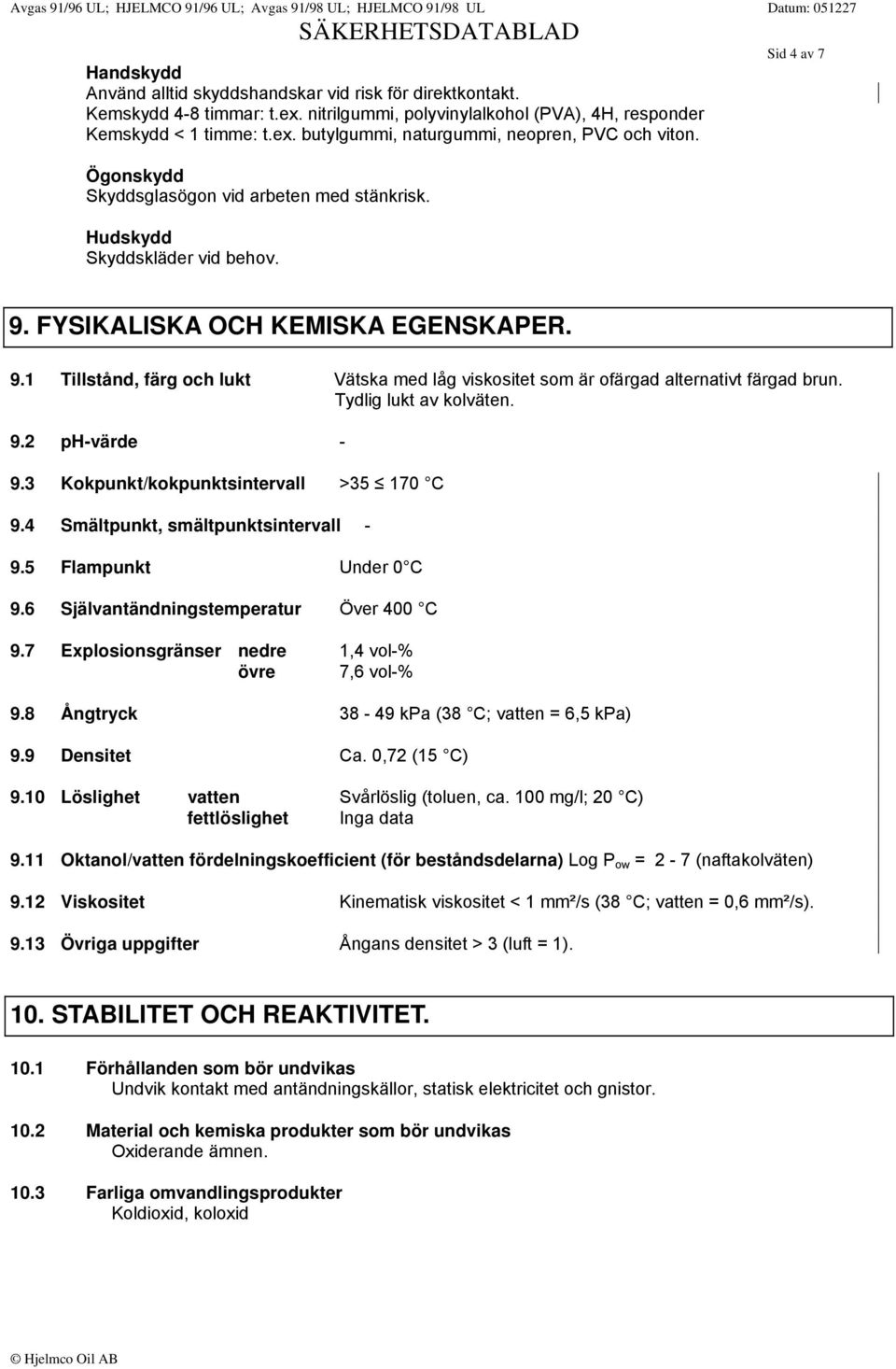 Tydlig lukt av kolväten. 9.2 ph-värde - 9.3 Kokpunkt/kokpunktsintervall >35 170 C 9.4 Smältpunkt, smältpunktsintervall - 9.5 Flampunkt Under 0 C 9.6 Självantändningstemperatur Över 400 C 9.