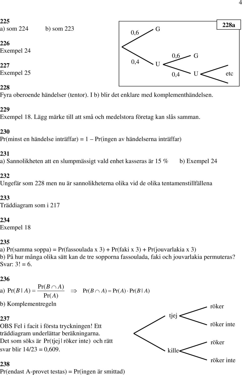 230 Pr(minst en händelse inträffar) = 1 Pr(ingen av händelserna inträffar) 231 a) Sannolikheten att en slumpmässigt vald enhet kasseras är 15 % b) Exempel 24 232 Ungefär som 228 men nu är