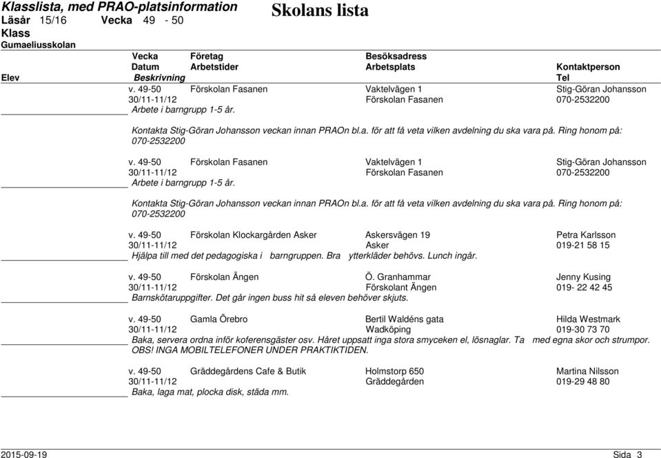 49-50 Förskolan Klockargården Asker Askersvägen 19 Petra Karlsson 30/11-11/12 Asker 019-21 58 15 Hjälpa till med det pedagogiska i barngruppen. Bra ytterkläder behövs. Lunch ingår. v.