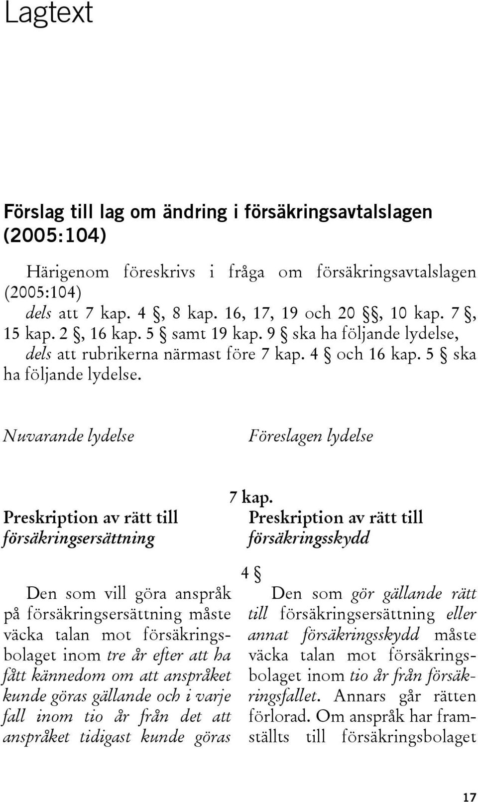 Nuvarande lydelse Föreslagen lydelse Preskription av rätt till försäkringsersättning 7 kap.