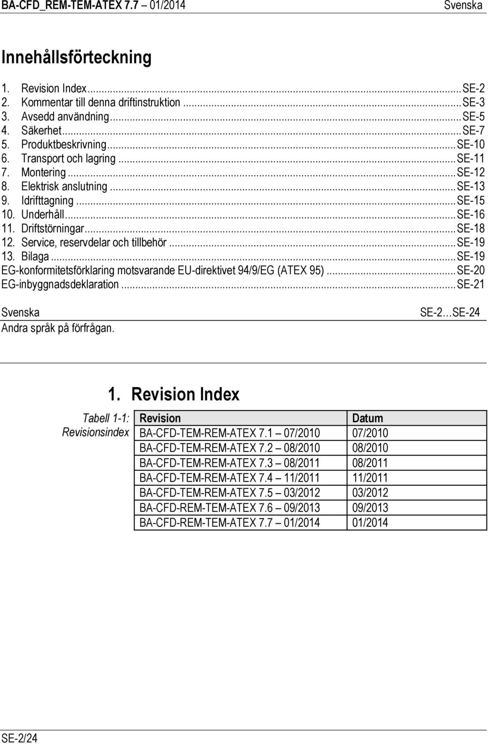 Service, reservdelar och tillbehör... SE-19 13. Bilaga... SE-19 EG-konformitetsförklaring motsvarande EU-direktivet 94/9/EG (ATEX 95)... SE-20 EG-inbyggnadsdeklaration... SE-21 Andra språk på förfrågan.