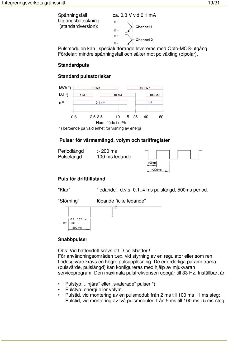 flöde i m³/h *) beroende på vald enhet för visning av energi Pulser för värmemängd, volym och tariffregister Periodlängd Pulselängd > 200 ms 100 ms ledande Puls för drifttillstånd "Klar Störning