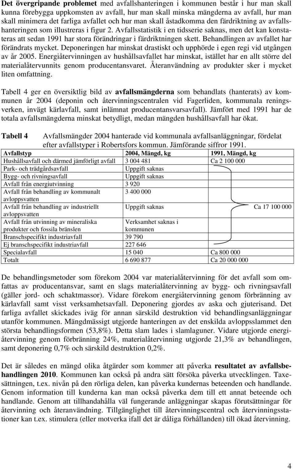 Avfallsstatistik i en tidsserie saknas, men det kan konstateras att sedan 1991 har stora förändringar i färdriktningen skett. Behandlingen av avfallet har förändrats mycket.