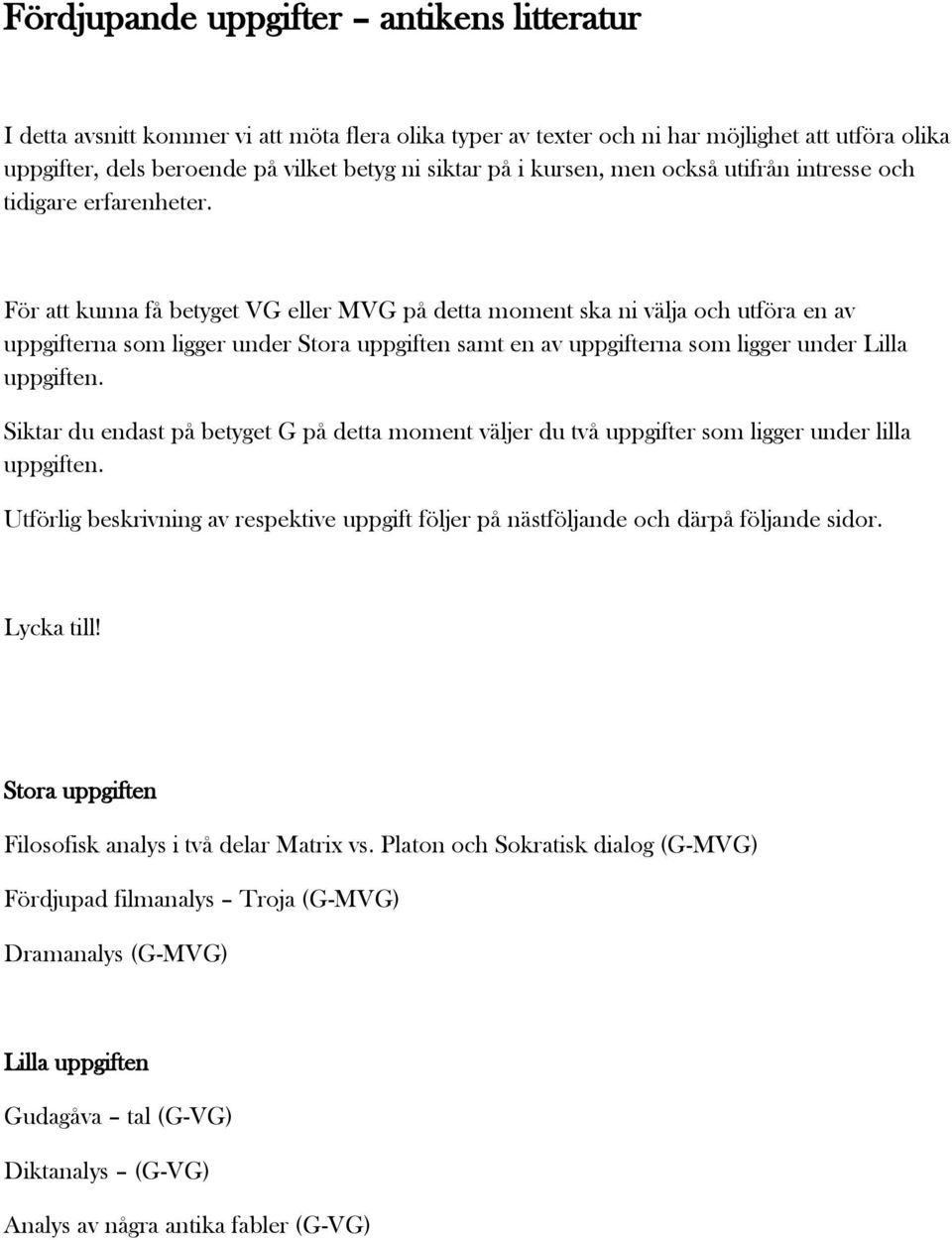 För att kunna få betyget VG eller MVG på detta moment ska ni välja och utföra en av uppgifterna som ligger under Stora uppgiften samt en av uppgifterna som ligger under Lilla uppgiften.