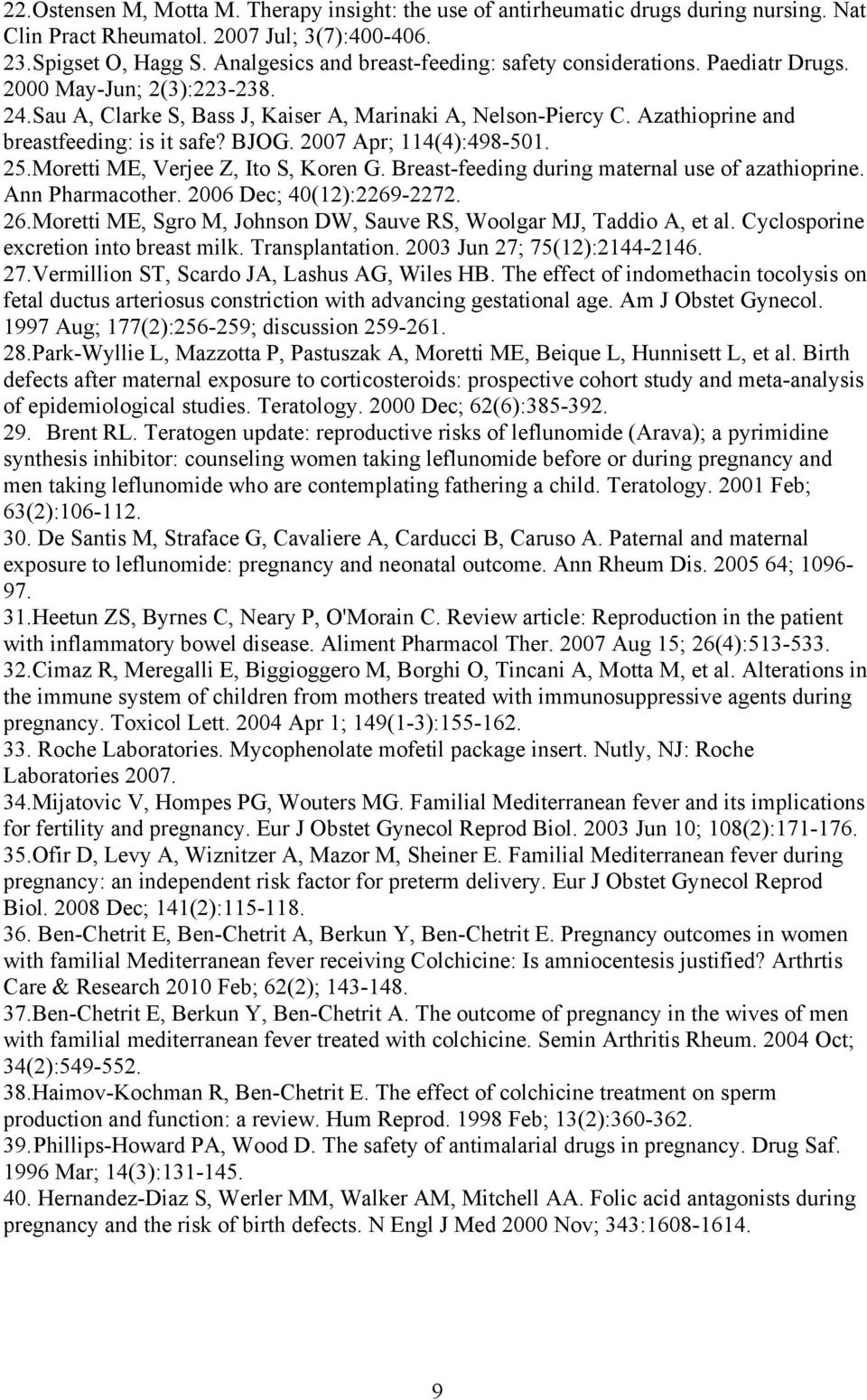 Azathioprine and breastfeeding: is it safe? BJOG. 2007 Apr; 114(4):498-501. 25.Moretti ME, Verjee Z, Ito S, Koren G. Breast-feeding during maternal use of azathioprine. Ann Pharmacother.