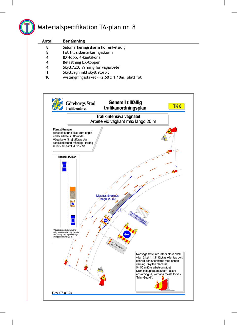 vägarbete 1 Skyltvagn inkl skylt storpil 10 Avstängningsstaket <=2,50 x 1,10m, platt fot trafikanordningsplan TK 8 Trafikintensiva vägnätet