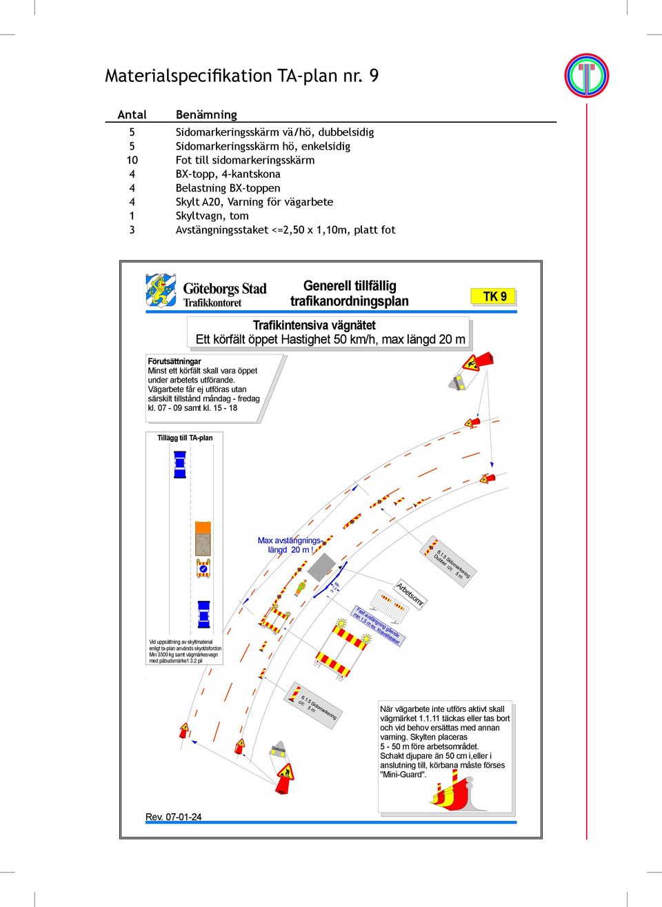 Skylt A20, Varning för vägarbete 1 Skyltvagn, tom 3 Avstängningsstaket <=2,50 x 1,10m, platt fot trafikanordningsplan TK 9 Trafikintensiva vägnätet Ett körfält
