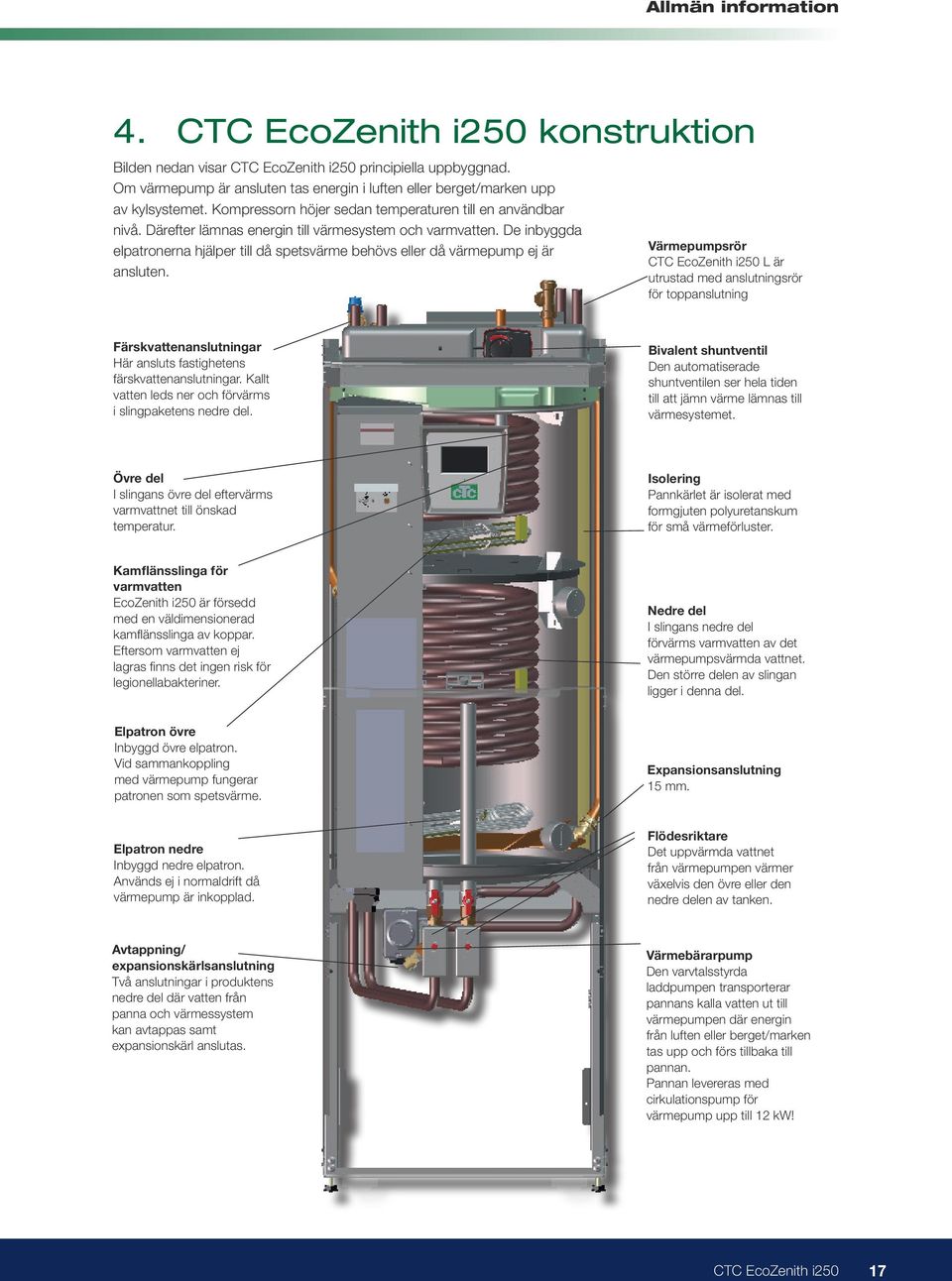 Därefter lämnas energin till värmesystem och varmvatten. De inbyggda elpatronerna hjälper till då spetsvärme behövs eller då värmepump ej är ansluten.