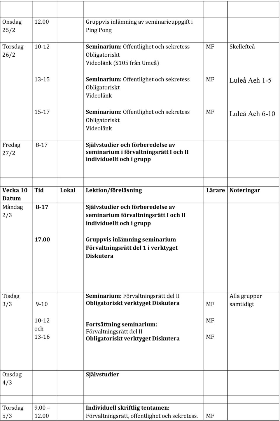 sekretess Luleå Aeh 6-10 27/2 8-17 Självstudier och förberedelse av seminarium i förvaltningsrätt I och II Vecka 10 2/3 8-17 Självstudier och förberedelse av seminarium