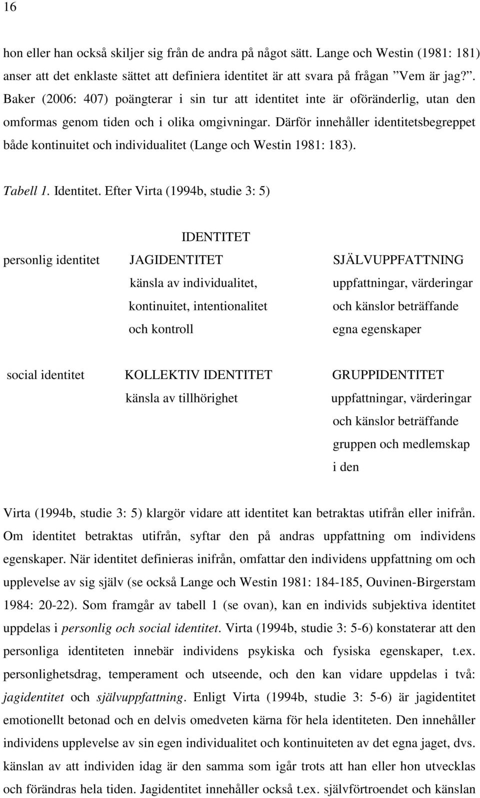 Därför innehåller identitetsbegreppet både kontinuitet och individualitet (Lange och Westin 1981: 183). Tabell 1. Identitet.