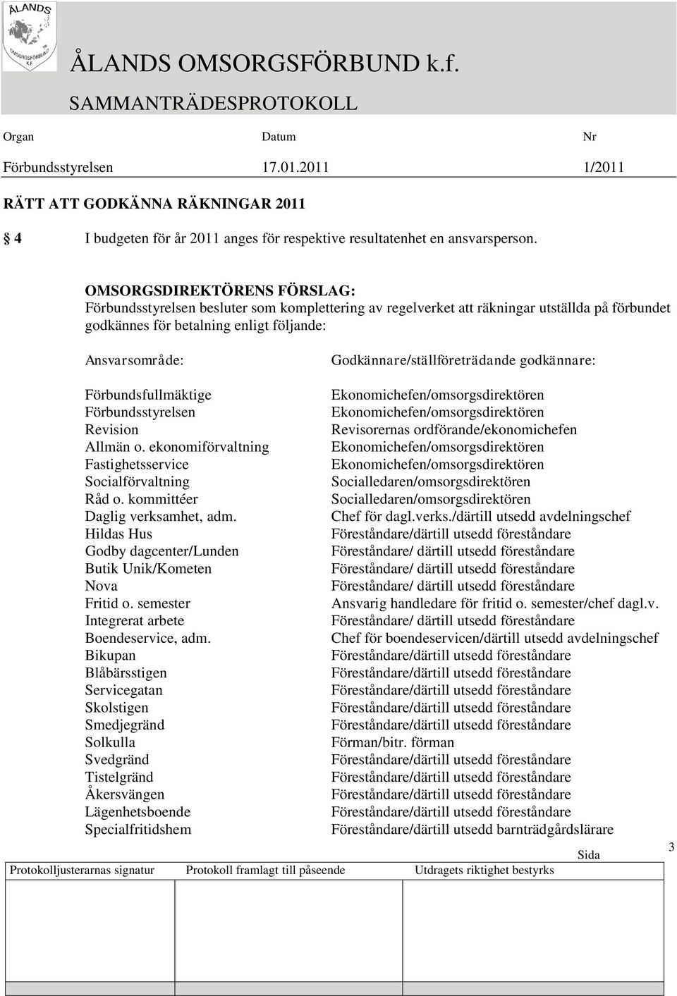 Förbundsfullmäktige Ekonomichefen/omsorgsdirektören Förbundsstyrelsen Ekonomichefen/omsorgsdirektören Revision Revisorernas ordförande/ekonomichefen Allmän o.