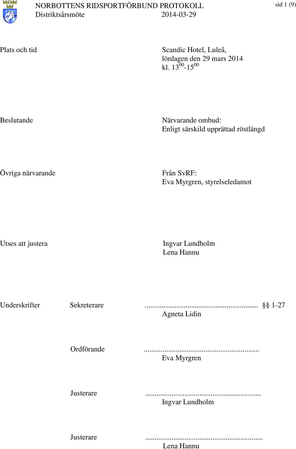 Från SvRF: Eva Myrgren, styrelseledamot Utses att justera Ingvar Lundholm Lena Hannu