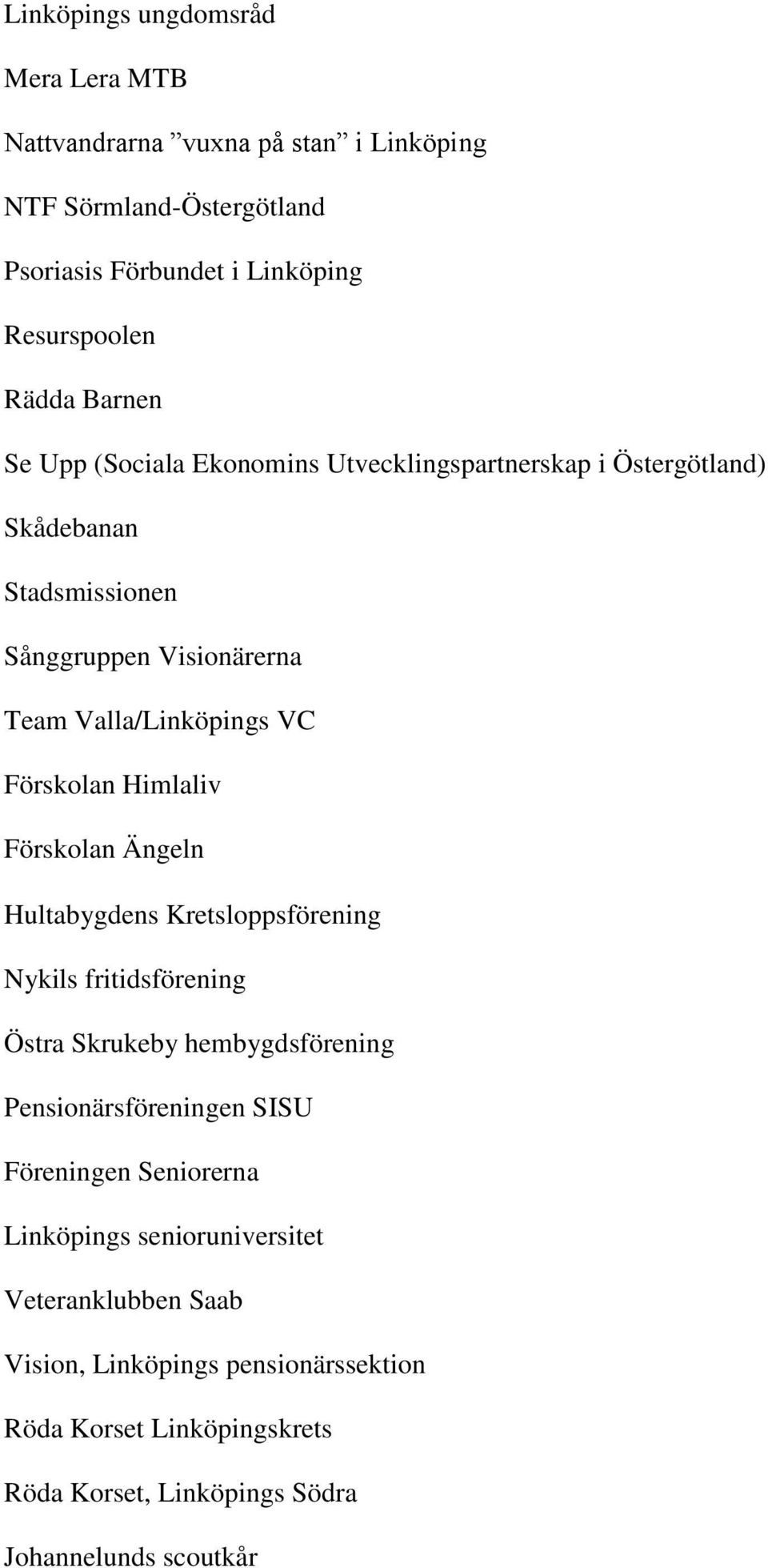 Förskolan Ängeln Hultabygdens Kretsloppsförening Nykils fritidsförening Östra Skrukeby hembygdsförening Pensionärsföreningen SISU Föreningen Seniorerna