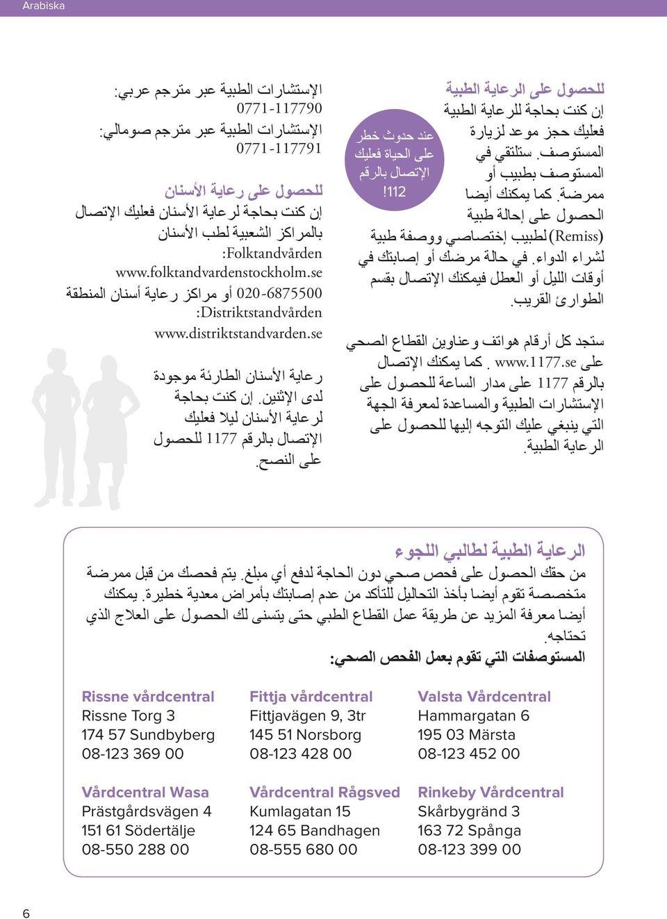 في حالة مرضك أو إصابتك في أوقات الليل أو العطل فيمكنك اإلتصال بقسم الطوارئ القريب. ستجد كل أرقام هواتف وعناوين القطاع الصحي على. www.1177.