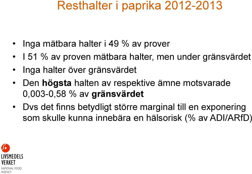 av respektive ämne motsvarade 0,003-0,58 % av gränsvärdet Dvs det finns betydligt