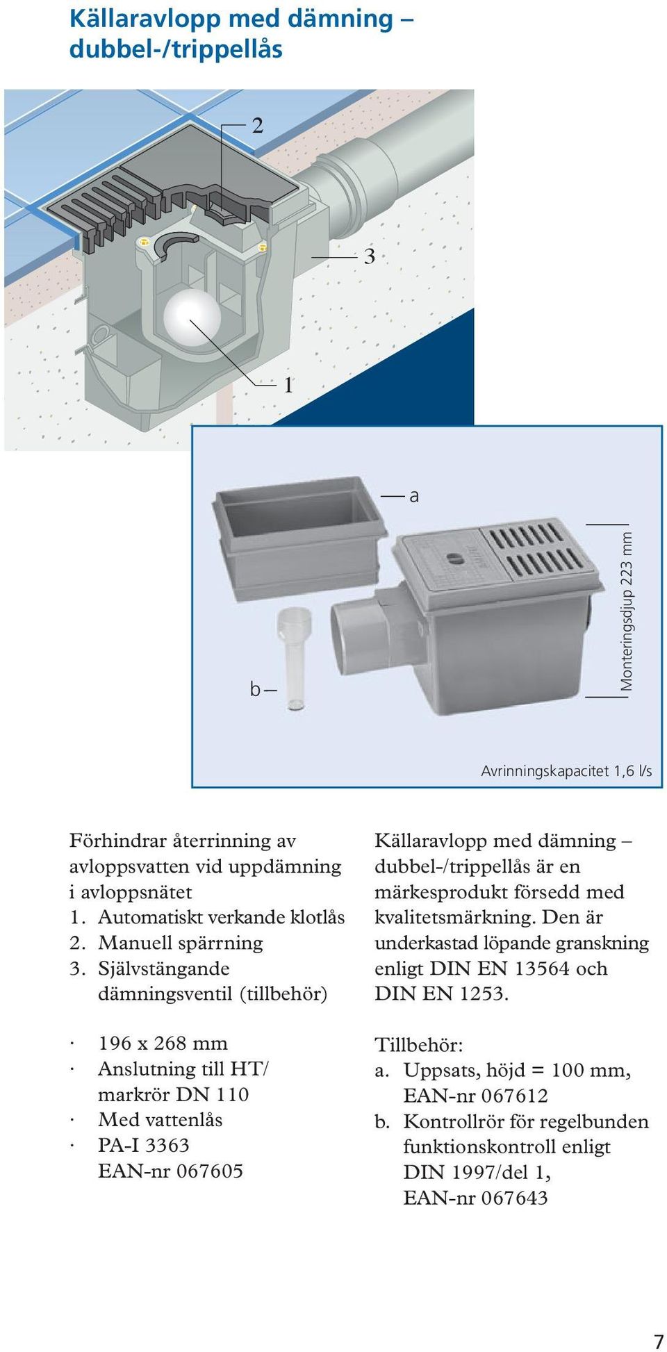 Självstängande dämningsventil (tillbehör) 196 x 268 mm Anslutning till HT/ markrör DN 110 PA-I 3363 EAN-nr 067605 Källaravlopp med dämning dubbel-/trippellås är en