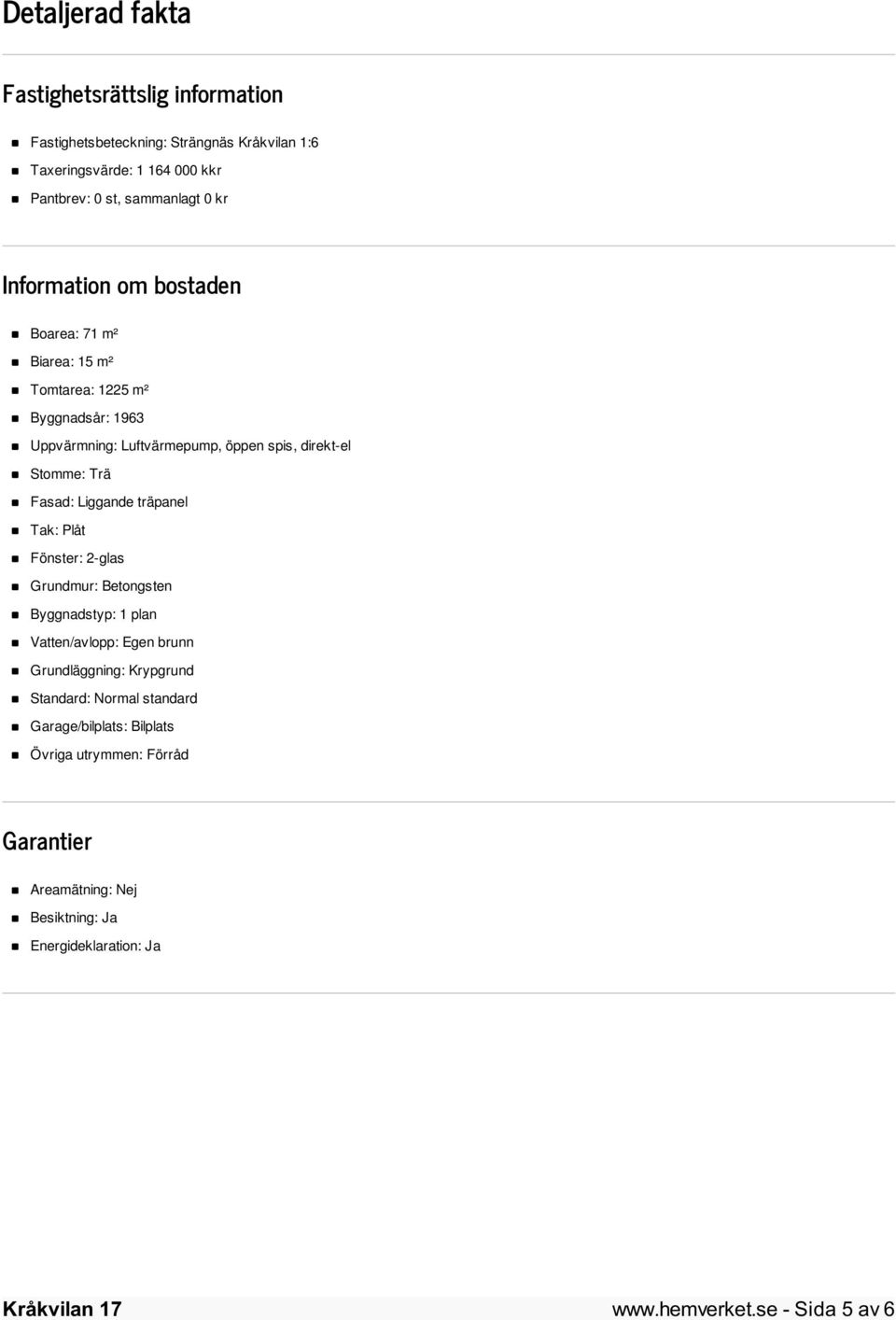 Fasad: Liggande träpanel Tak: Plåt Fönster: 2-glas Grundmur: Betongsten Byggnadstyp: 1 plan Vatten/avlopp: Egen brunn Grundläggning: Krypgrund Standard: