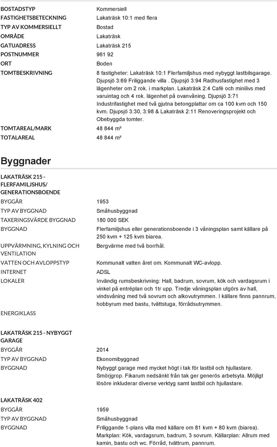 Lakaträsk 2:4 Café och minilivs med varuintag och 4 rok. lägenhet på ovanvåning. Djupsjö 3:71 Industrifastighet med två gjutna betongplattar om ca 100 kvm och 150 kvm.