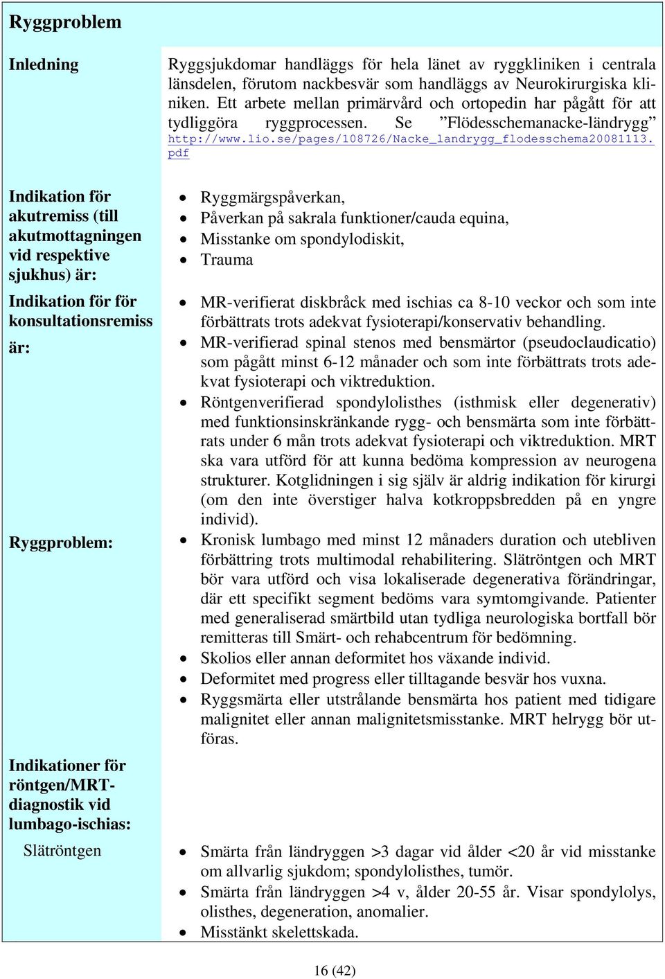 Ett arbete mellan primärvård och ortopedin har pågått för att tydliggöra ryggprocessen. Se Flödesschemanacke-ländrygg http://www.lio.se/pages/108726/nacke_landrygg_flodesschema20081113.