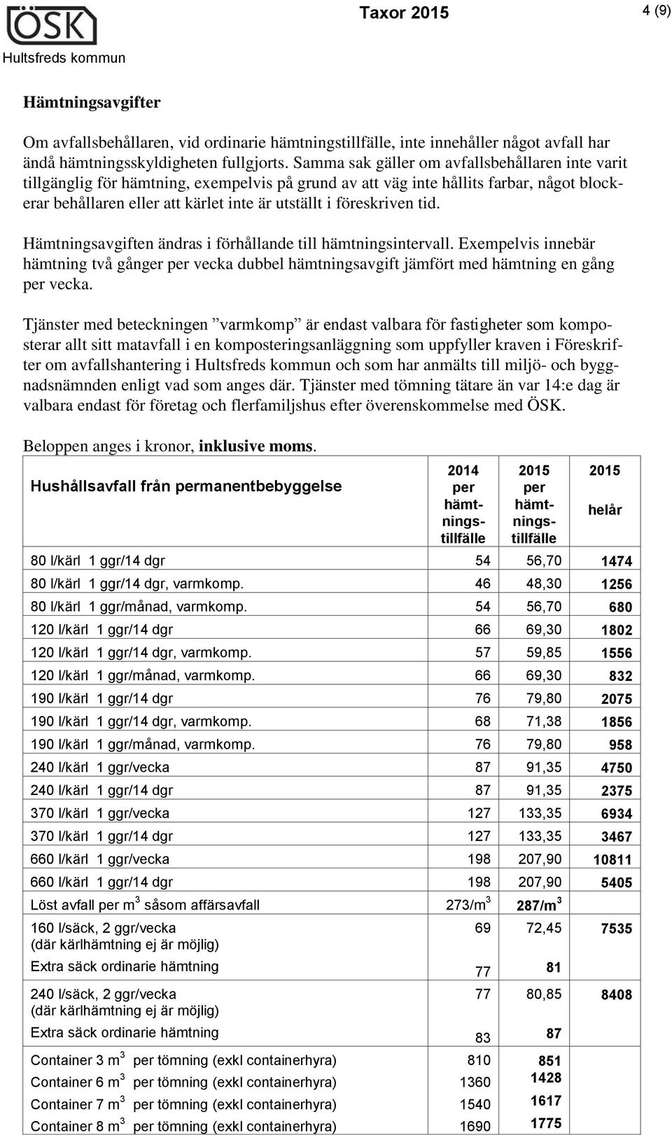 föreskriven tid. Hämtningsavgiften ändras i förhållande till hämtningsintervall. Exempelvis innebär hämtning två gånger vecka dubbel hämtningsavgift jämfört med hämtning en gång vecka.