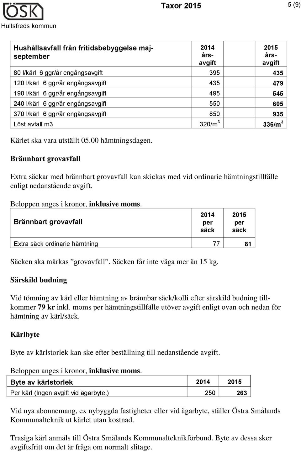 Brännbart grovavfall Extra säckar med brännbart grovavfall kan skickas med vid ordinarie hämtningstillfälle enligt nedanstående avgift.