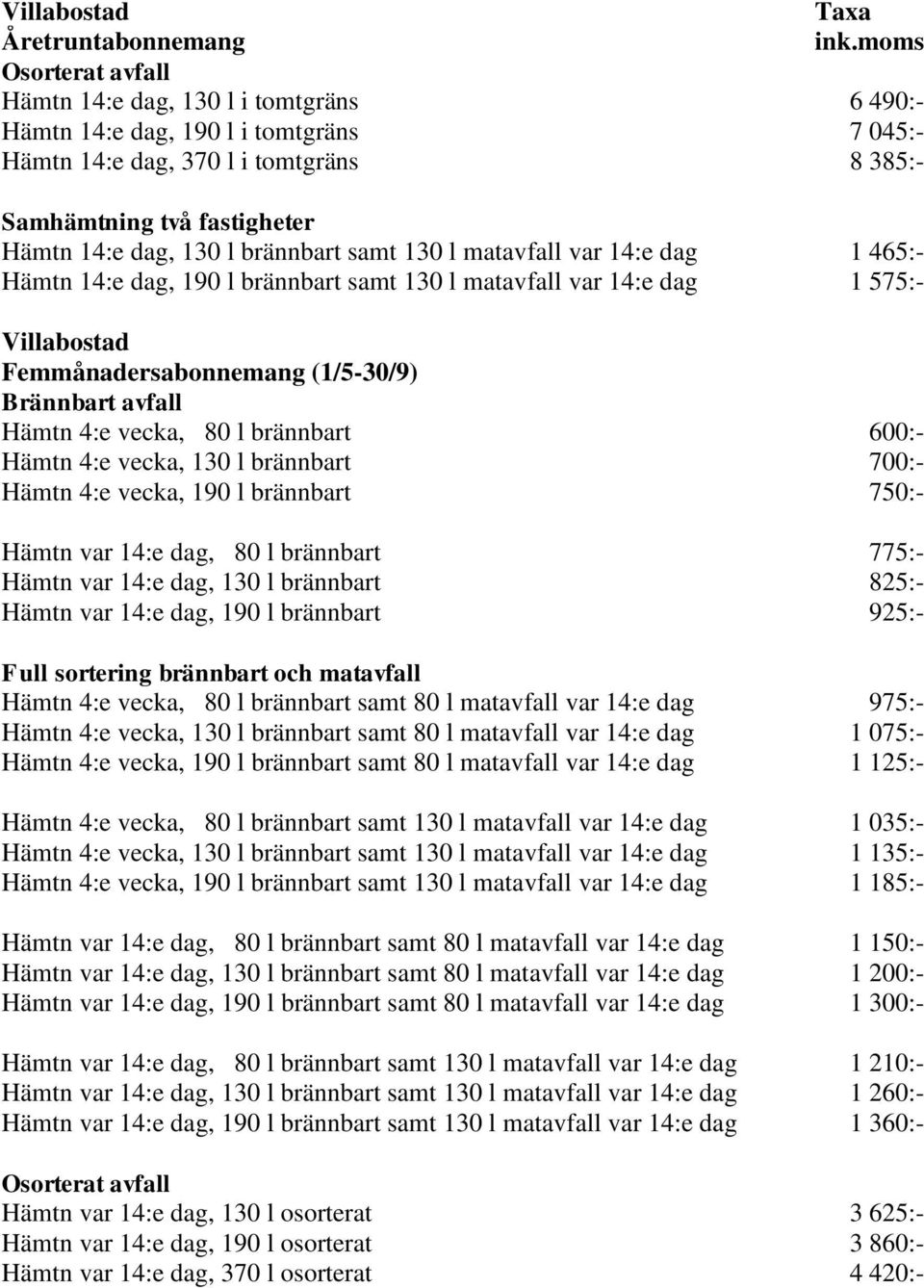 brännbart samt 130 l matavfall var 14:e dag 1 465:- Hämtn 14:e dag, 190 l brännbart samt 130 l matavfall var 14:e dag 1 575:- Villabostad Femmånadersabonnemang (1/5-30/9) Brännbart avfall Hämtn 4:e