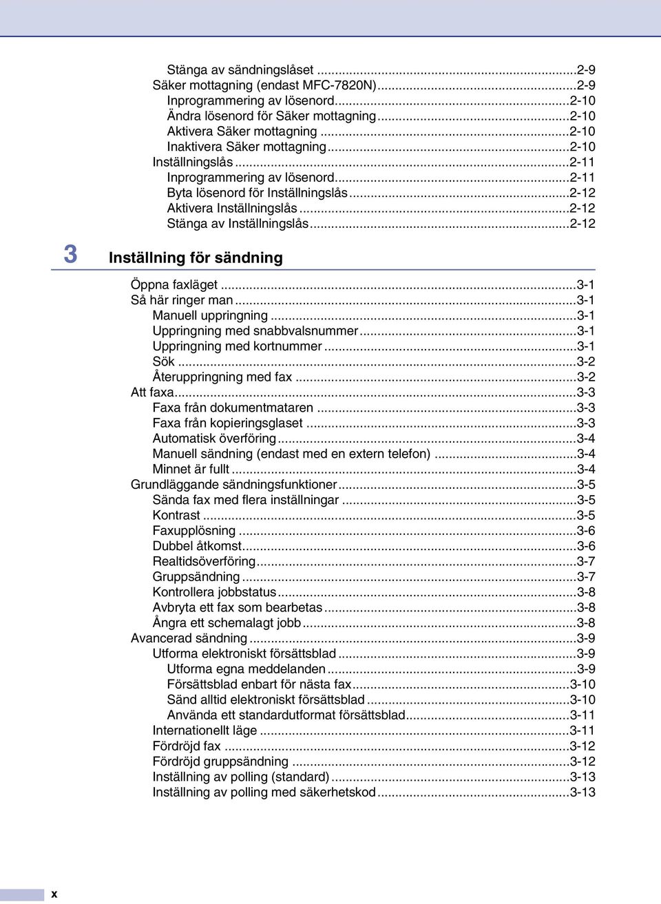..2-12 3 Inställning för sändning Öppna faxläget...3-1 Så här ringer man...3-1 Manuell uppringning...3-1 Uppringning med snabbvalsnummer...3-1 Uppringning med kortnummer...3-1 Sök.