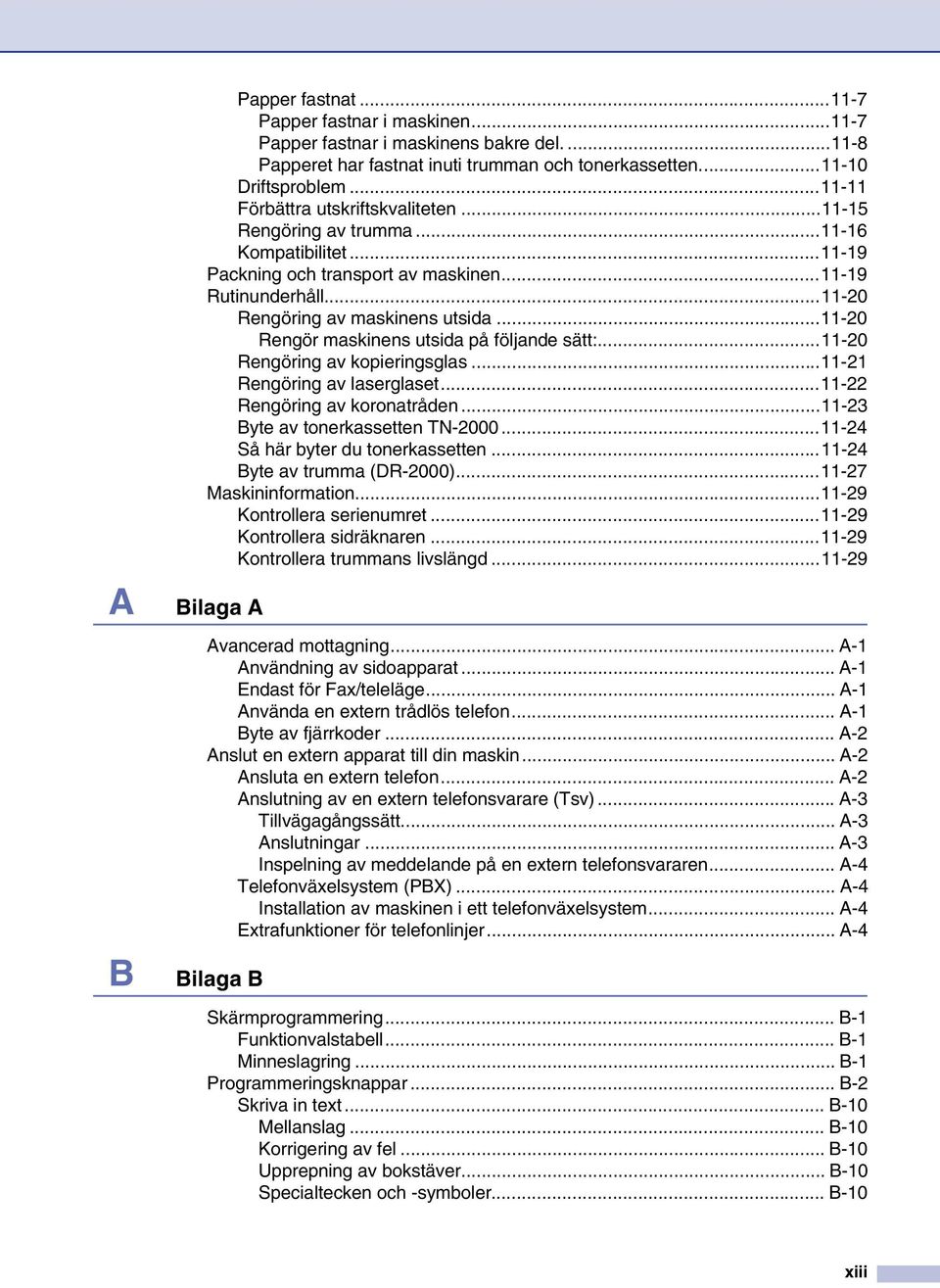 ..11-20 Rengör maskinens utsida på följande sätt:...11-20 Rengöring av kopieringsglas...11-21 Rengöring av laserglaset...11-22 Rengöring av koronatråden...11-23 Byte av tonerkassetten TN-2000.