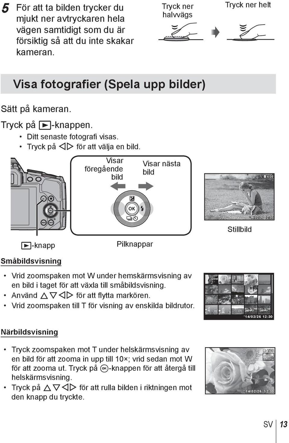 Visar föregående bild Visar nästa bild 4/30 Stillbild 14/02/26 12:30 q-knapp Pilknappar Småbildsvisning Vrid zoomspaken mot W under hemskärmsvisning av en bild i taget för att växla till