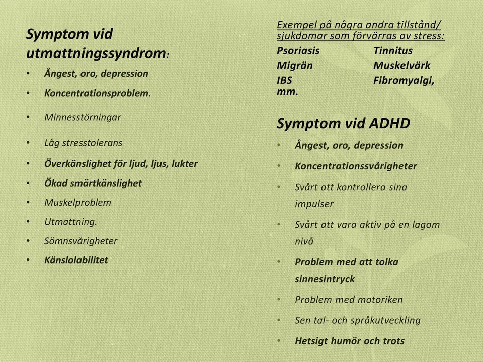 Sömnsvårigheter Känslolabilitet Exempel på några andra tillstånd/ sjukdomar som förvärras av stress: Psoriasis Tinnitus Migrän Muskelvärk IBS