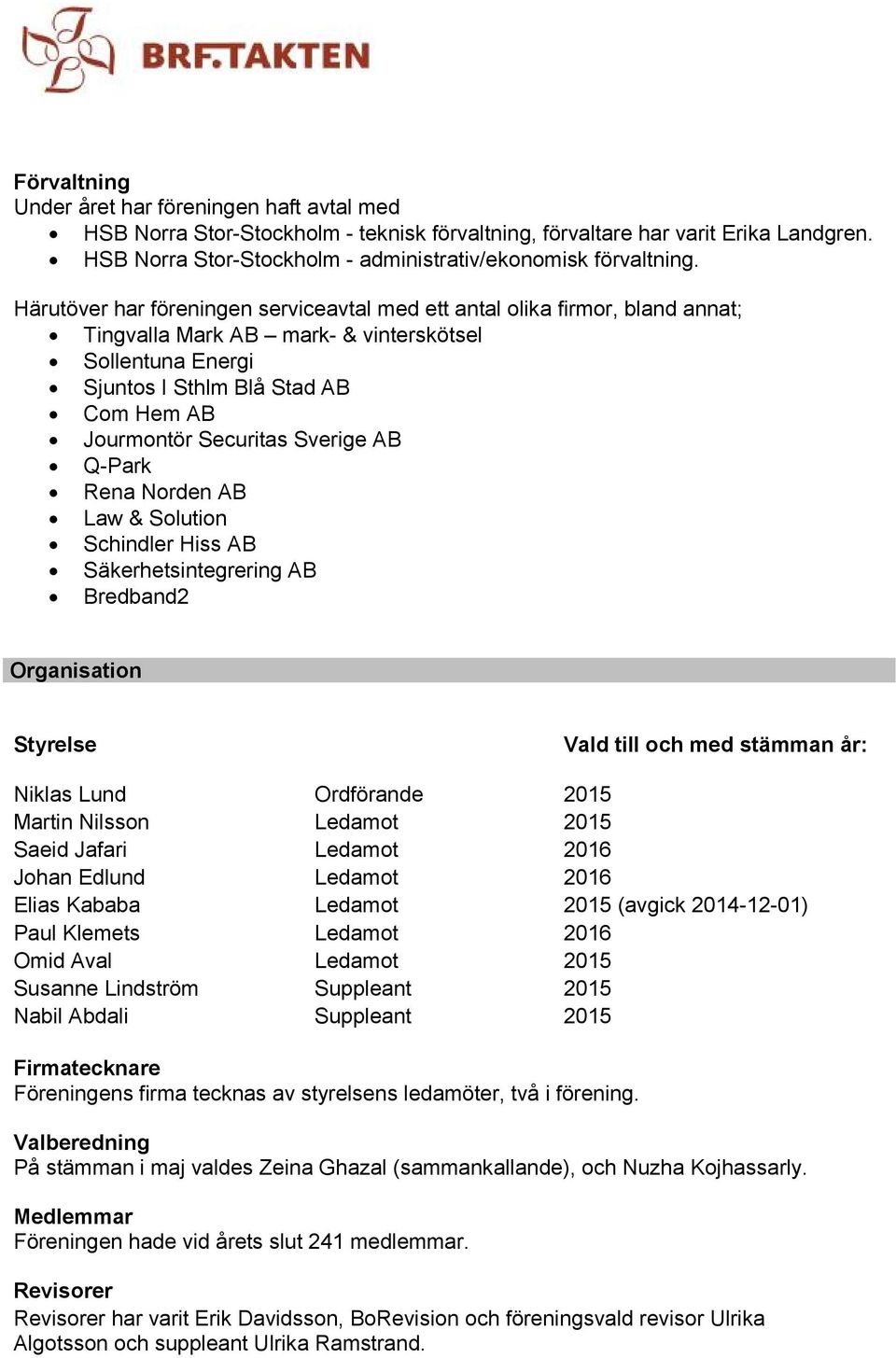 Härutöver har föreningen serviceavtal med ett antal olika firmor, bland annat; Tingvalla Mark AB mark- & vinterskötsel Sollentuna Energi Sjuntos I Sthlm Blå Stad AB Com Hem AB Jourmontör Securitas